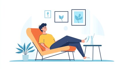 Obraz premium Person relaxing in a stylish chair, bright room with plants and artwork.