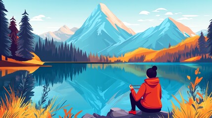 Person sitting by a lake, surrounded by mountains and colorful autumn foliage.