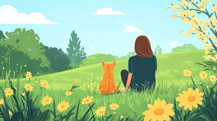 Obraz premium Person sitting in a field with a cat, surrounded by flowers and greenery.