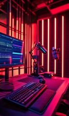 Fototapeta premium Red neon lit gaming desk with keyboard.