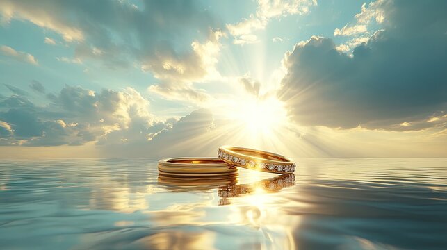 Golden Wedding Bands Resting on a Fluffy Cloud Under a Sunset Sky Generative AI