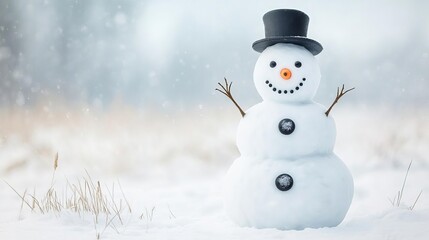 Obraz premium Classic snowman with coal buttons and a carrot nose, standing in a snowy field