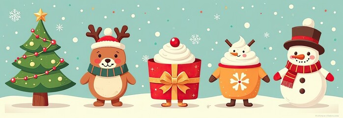 Fototapeta premium Xmas items set. Christmas tree, Santa with gifts, elves. Festive wreath, candy canes, gingerbreads. New year decorations. Winter holiday decor. Flat isolated vector illustration on white background 
