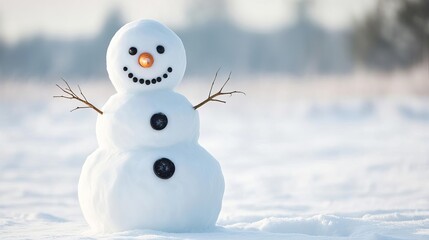 Classic snowman with coal buttons and a carrot nose, standing in a snowy field