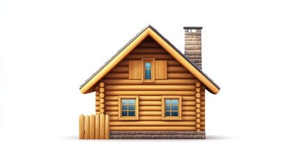 Wooden house with chimney and fence, white isolate background.