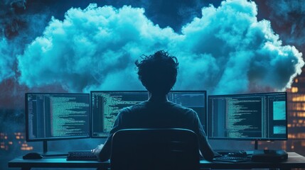 Rear view of a programmer working on code with a cloud computing concept.