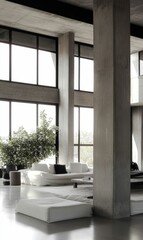 Obraz premium Modern living room with concrete pillars and large windows.
