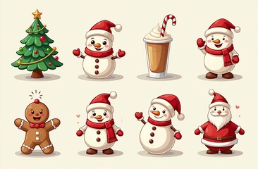 Xmas items set. Christmas tree, Santa with gifts, elves. Festive wreath, candy canes, gingerbreads. New year decorations. Winter holiday decor. Flat isolated vector illustration on white background 