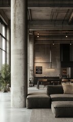Industrial loft with concrete pillar, sofa, and kitchen.