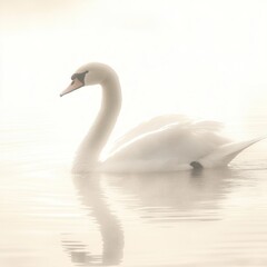Fototapeta premium A serene swan gliding gracefully on a misty water surface.