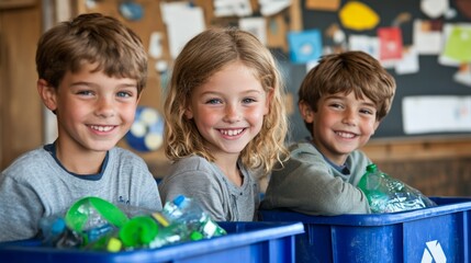 Happy Kids Recycling Plastic Bottles in Blue Bins