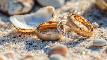 Gold Wedding Rings Placed on an Oyster Shell at the Beach Generative AI