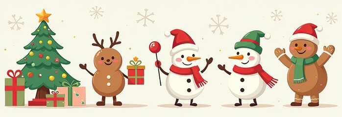 Fototapeta premium Xmas items set. Christmas tree, Santa with gifts, elves. Festive wreath, candy canes, gingerbreads. New year decorations. Winter holiday decor. Flat isolated vector illustration on white background 