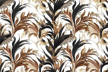 A luxury Japanese style seamless tile with exotic leaves pattern in light and dark brown. Continuous summer hawaiian fabrics background. Graphic foliage ornament pattern. Backdrop, fabric painting.
