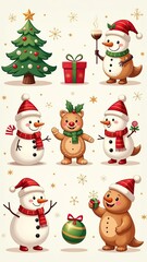 Xmas items set. Christmas tree, Santa with gifts, elves. Festive wreath, candy canes, gingerbreads. New year decorations. Winter holiday decor. Flat isolated vector illustration on white background 