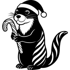 otter in a santa hat holding a candy cane