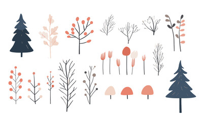 Hello winter. Set of vector cute illustrations of trees, leaves, mushroom, animal, botany, winter set