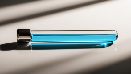 Glass capsule with blue liquid on a light background.