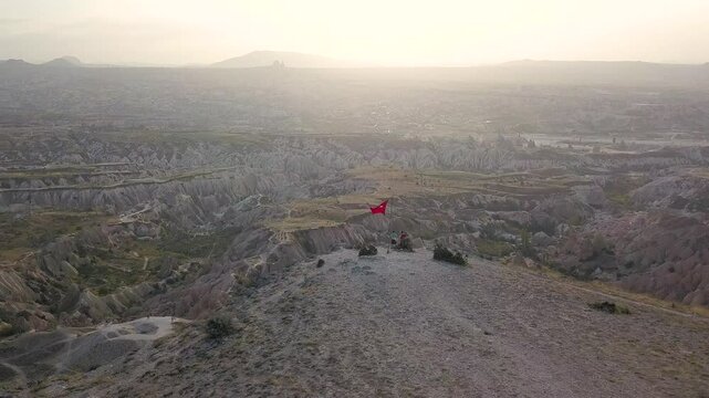 Drone video of the Red Valley at sunset in Cappadocia Turkey