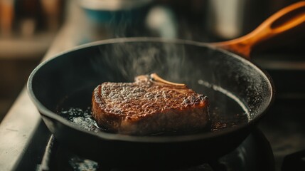 Fototapeta premium Juicy Steak Cooking in Frying Pan