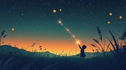 Obraz premium Child reaching for stars in a serene twilight landscape, capturing dreams and wonder.