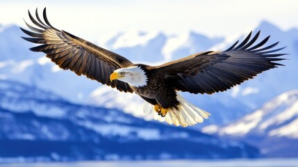 Obraz premium A majestic eagle soaring over a snowy mountain landscape.