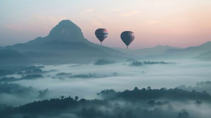 Hot Air Balloons Soaring Above Misty Mountain Landscape
