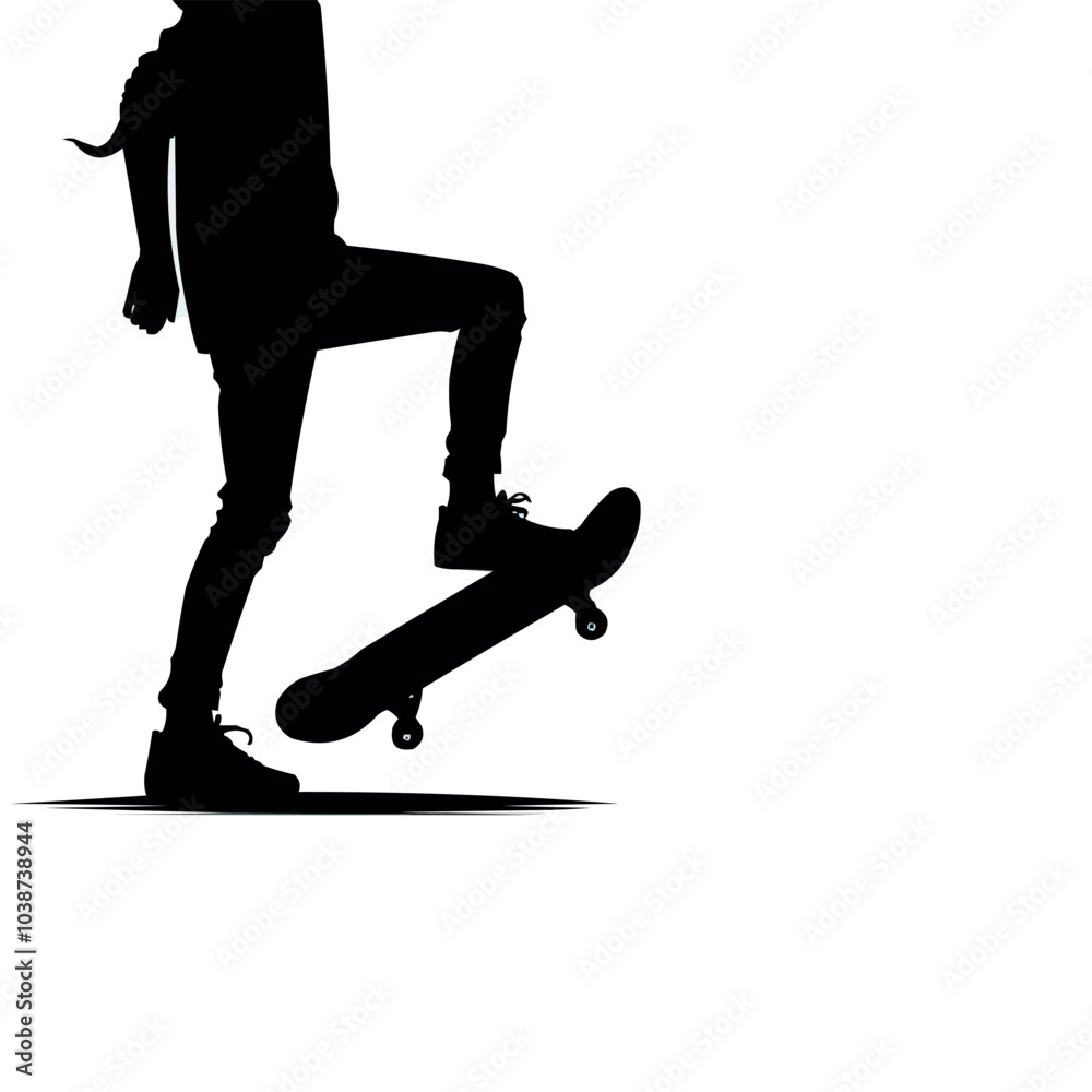 Poster vector standing with a skateboard under one foot. silhouette in white background