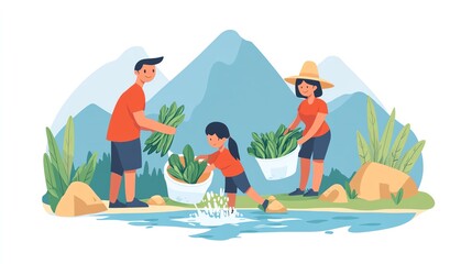 Families harvesting vegetables by a serene river in a rich green landscape.