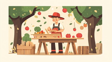 Fototapeta premium Farmer harvesting fruits at stand under trees, colorful illustration.