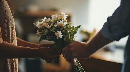 Hands exchanging flower bouquet indoors for Women's Day gift