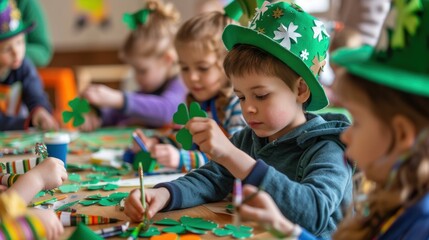 Children Crafting Paper Shamrocks at St. Patrick's Day Event with Green Decorations and Art Supplies