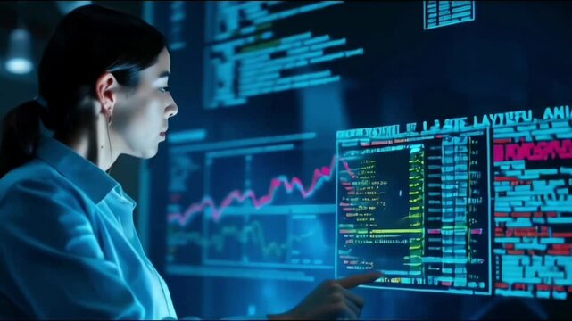 A woman specializing in data analytics and information technology works on coding a holographic display