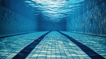 Obraz premium A swimming pool lane marker with a focus on the submerged tiles, indoor setting with underwater lighting, Subtle style