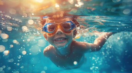 Naklejka premium Cute smiling child having fun swimming and diving in the pool at the resort on summer vacation. Sun shines under water and sparkling water reflection. Activities and sports to happy kid