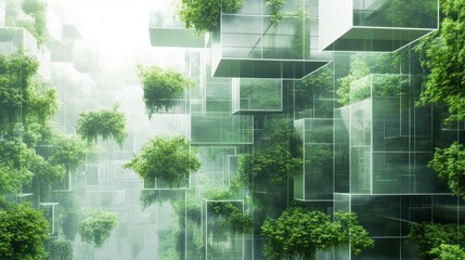 Obraz premium 3D rendering of abstract futuristic architecture, product presentation background. space for copy, geometric structure design. Exterior of a sustainable green building covered in vertical hanging pla