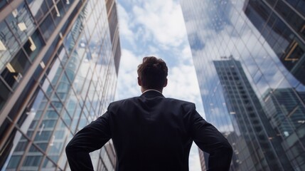 Businessman Looking Up at Skyscrapers