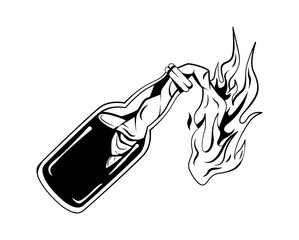 Molotov cocktail, symbolizing rebellion, protest, and street crime. Designed in a bold street art and tattoo style, flames emphasizing the intensity. Vector illustration set on fire Molotov cocktail