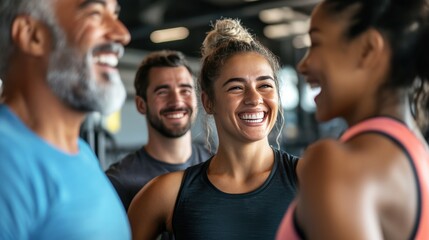 Obraz premium Smiling group older of friends in sportswear laughing together while standing arm in arm in a gym after a workout, senior, healthy, friendship, adult, exercising, together, lifestyles