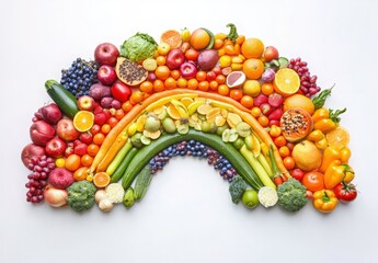 A vibrant arrangement of fresh fruits and vegetables creating a colorful rainbow display