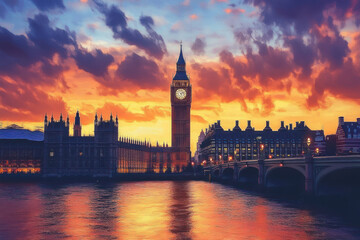 Fototapeta premium oil painting, london, United Kingdom. The UK city at sunset.