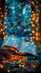 Fototapeta premium Enchanting Open Book with Bokeh Lights Outdoors at Twilight for Inspiring Literary and Holiday Theme