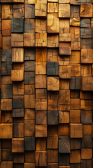 Fototapeta premium 3D Rendered Timber Wood Wall with Natural Square Block Tiles, Unique Geometric Pattern, Rustic Interior Design Background, Textured Wooden Surface for Modern Wall Decoration and Architectural Concepts