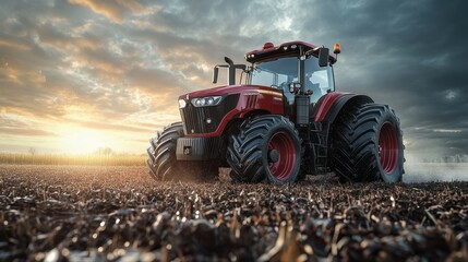Fototapeta premium Red Tractor on the Field at Sunset – Photorealistic, High-Resolution Wide-Angle Photograph with Sharp Focus and High Detail 
