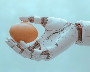 A robotic hand gently holds a brown egg against a light blue background