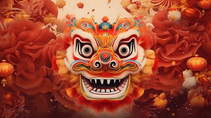 Fototapeta premium Colorful Lion Dance Mask with Festive Background