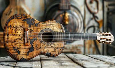Vintage Wood Guitar with Intricate Sheet Music Design on Wooden Table in Rustic Setting Evoking Nostalgic Musical Themes for Decor Inspiration and Acoustic Instrument Enthusiasts