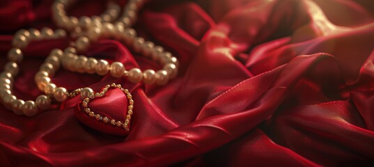 Obraz premium Luxurious Valentine's Day Banner with Pearl Necklace on Red Satin Heart Pillow