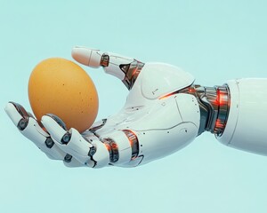 A robotic hand delicately holds an egg against a light blue background