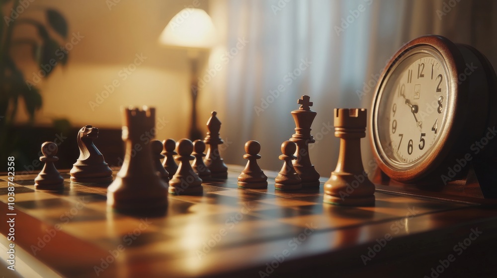 Poster a well-lit chess room with a classic wooden board, chess pieces and timers neatly arranged, elegant 